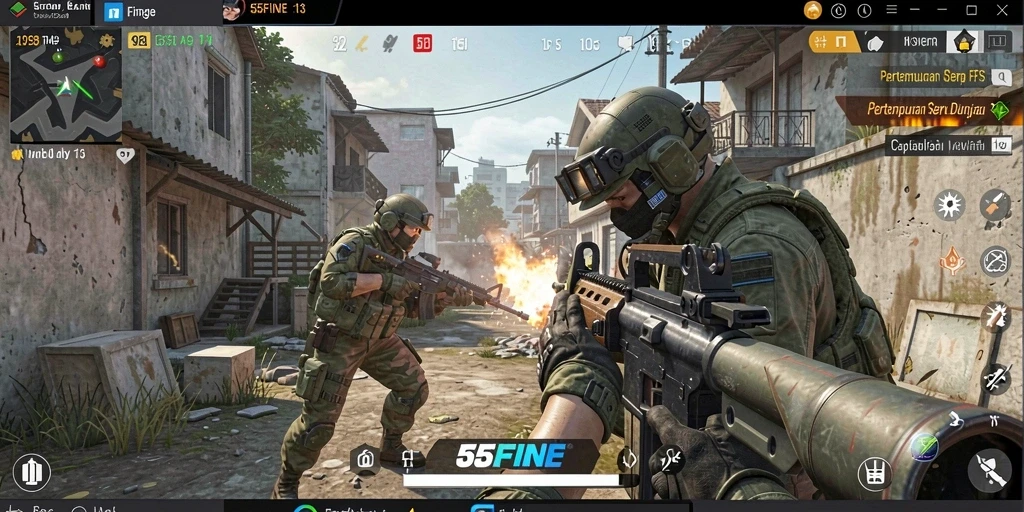 Tangkapan layar gameplay seru 55FIVE yang menunjukkan aksi tembak-menembak.