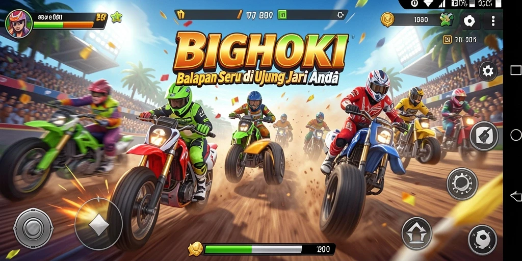 Screenshot gameplay BIGHOKI menampilkan aksi balapan seru di lintasan.