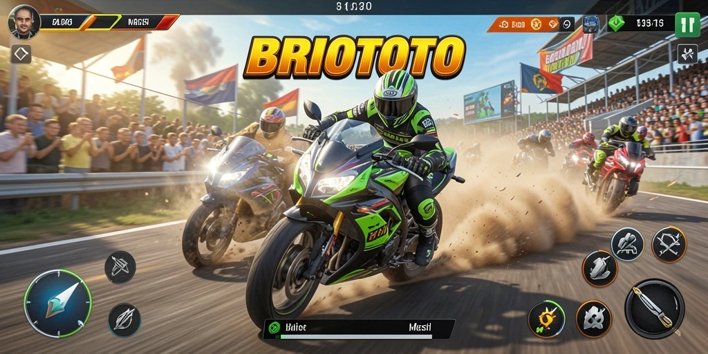 Tampilan screenshot BRIOTOTO menampilkan aksi balapan motor yang seru.