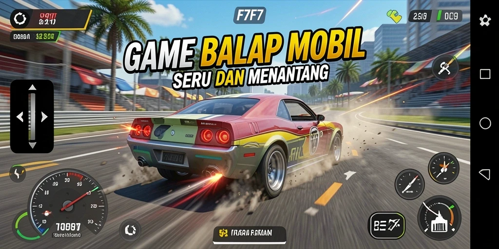 Tampilan mendebarkan dari gameplay F7F7 dengan mobil balap cepat.