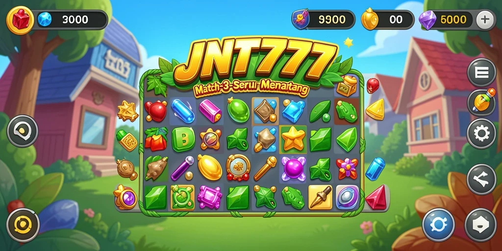 Tampilan gameplay JNT777 dengan kombinasi permata warna-warni.