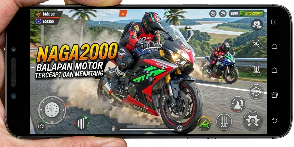 Screenshot gameplay NAGA2000 menampilkan balapan motor yang seru dan cepat.