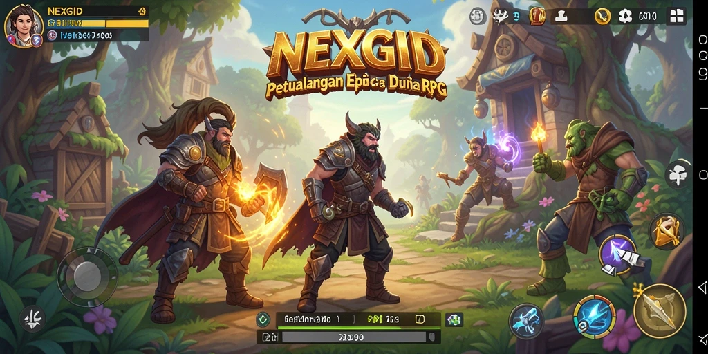 Screenshot gameplay NEXGID yang menunjukkan pertarungan epik di dunia fantasi.