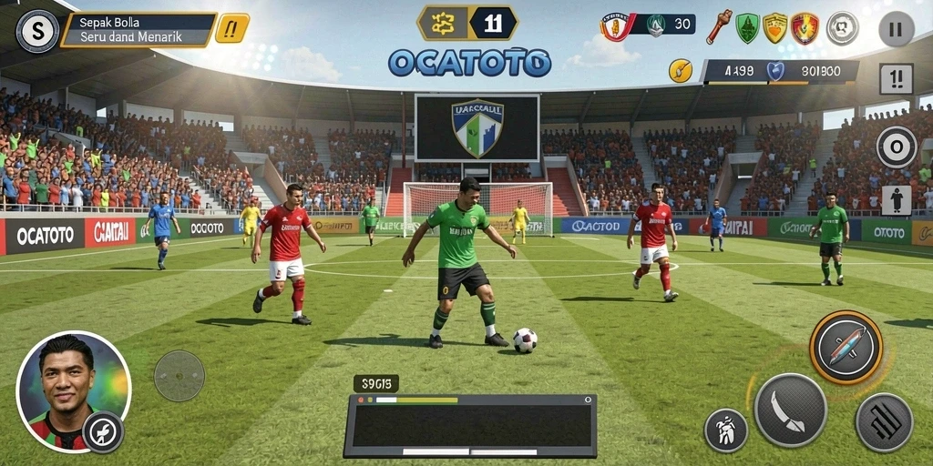 Screenshot gameplay OCATOTO menampilkan aksi sepak bola seru dan intens.