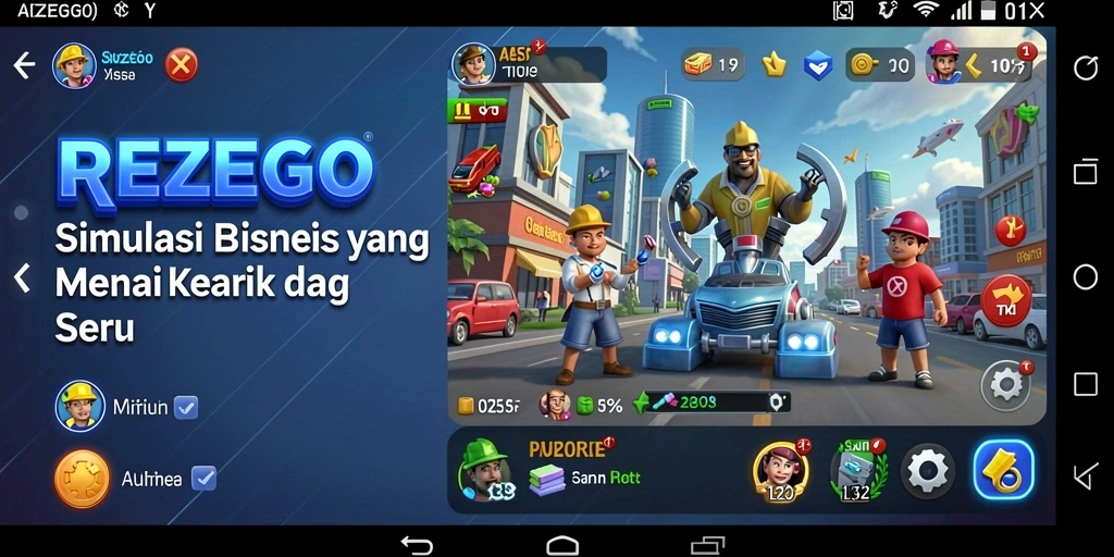 Tampilan gameplay <strong>REZEGO</strong> yang menampilkan pengelolaan bisnis yang dinamis.