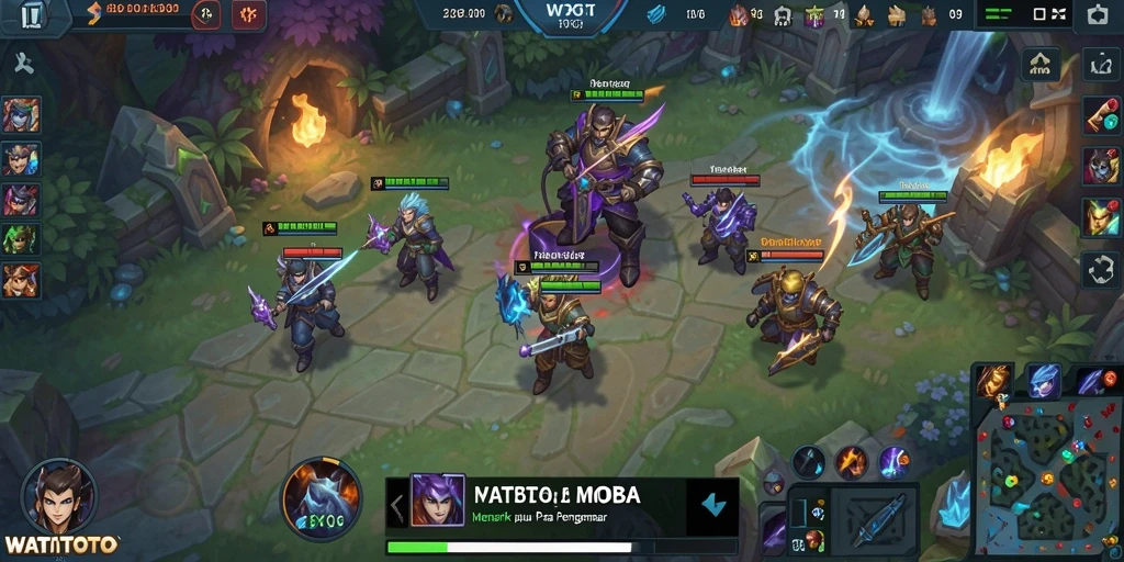 Screenshot utama WATITOTO menampilkan aksi laga MOBA yang seru.