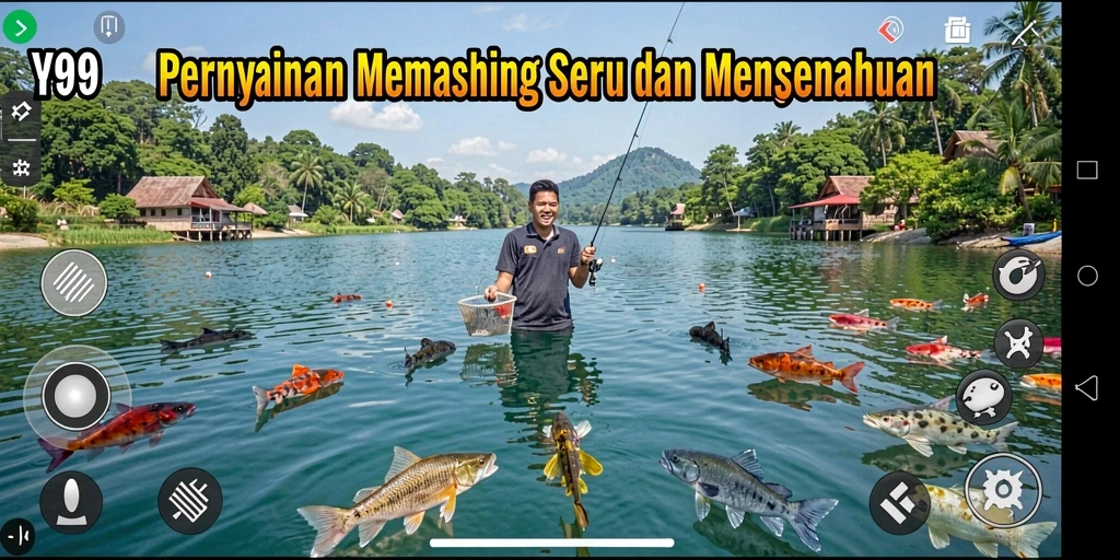 Screenshot Y89 menampilkan serunya menangkap ikan di lokasi memancing yang indah.